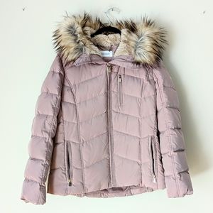 Calvin Klein Dusty Rose Light Pink Puffer Jacket Fur Trim‎ Hood, Gold Accents, M